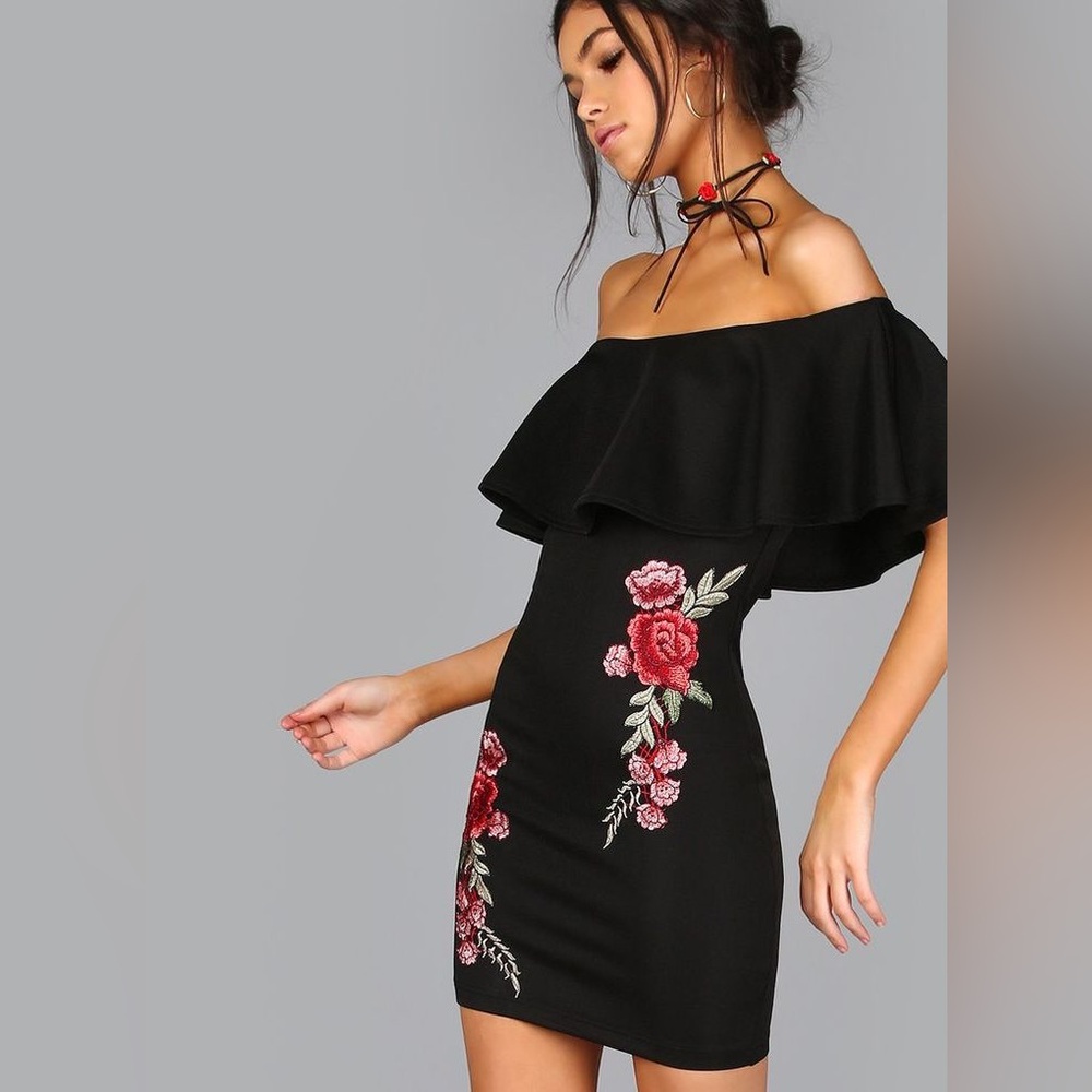 NWOT Black Off The Shoulder Cocktail Dress with Red Floral Embroidery Size XS